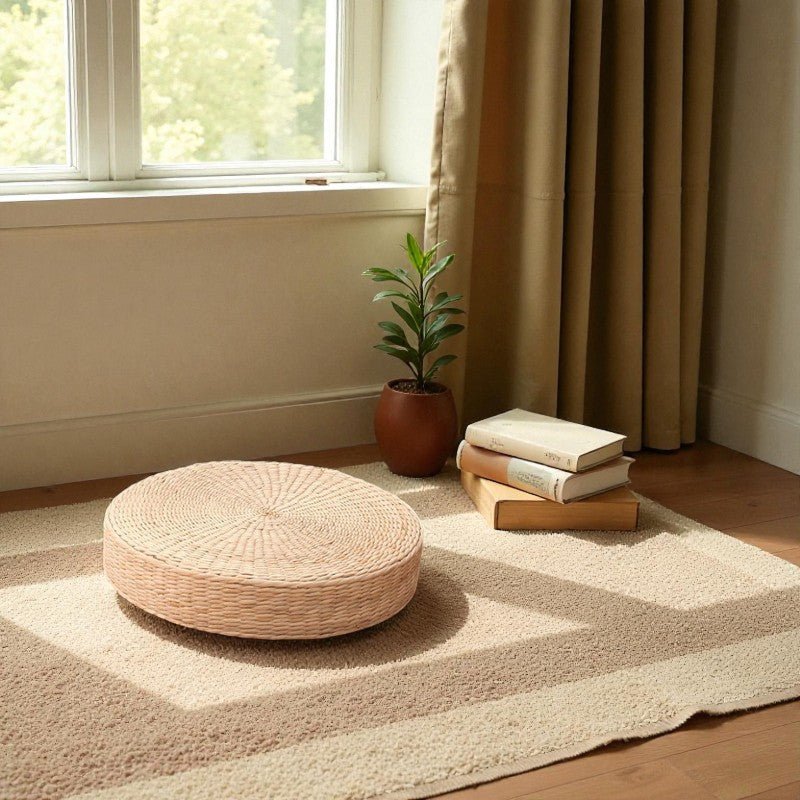 Zafu  Harmonia  coussin meditation  devant fenetre lumineuse